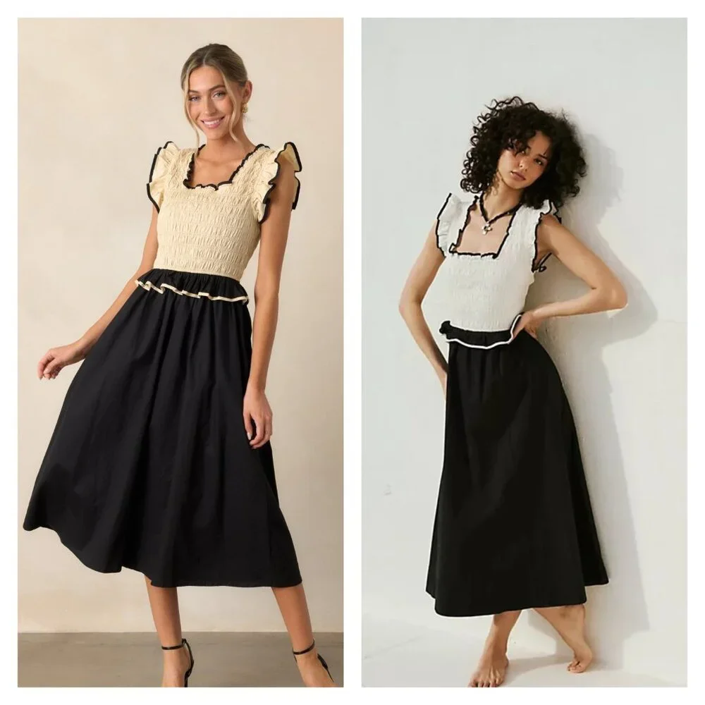 Free People Black and Cream Smocked Midi Dress
